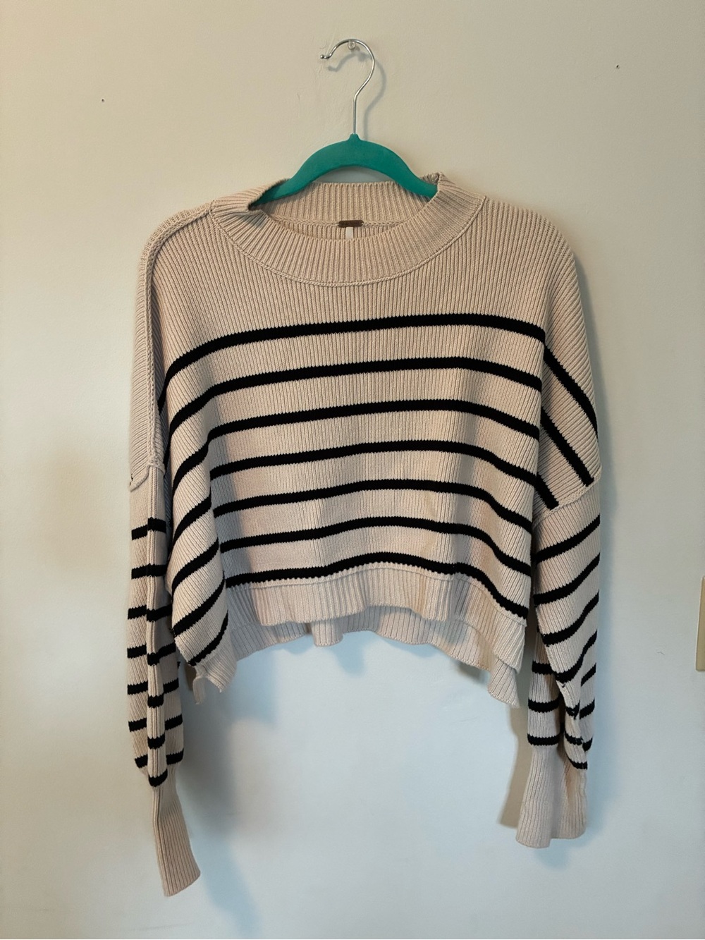 Free People Striped Cropped Crewneck Sweater in Cream and Black